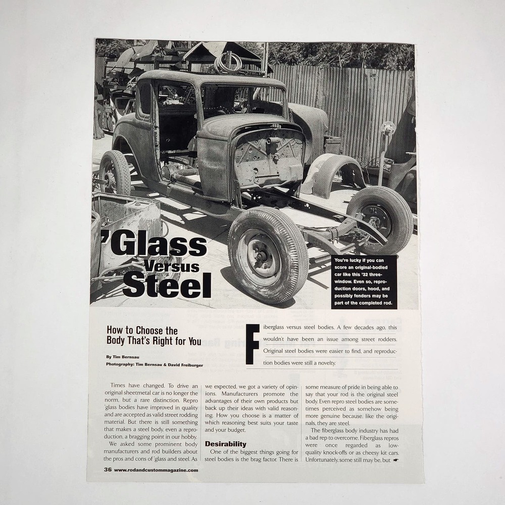 Glass versus Steel 7-Page Pictorial Print Article 2001 Rod & Custom 8.5" x‎ 11"